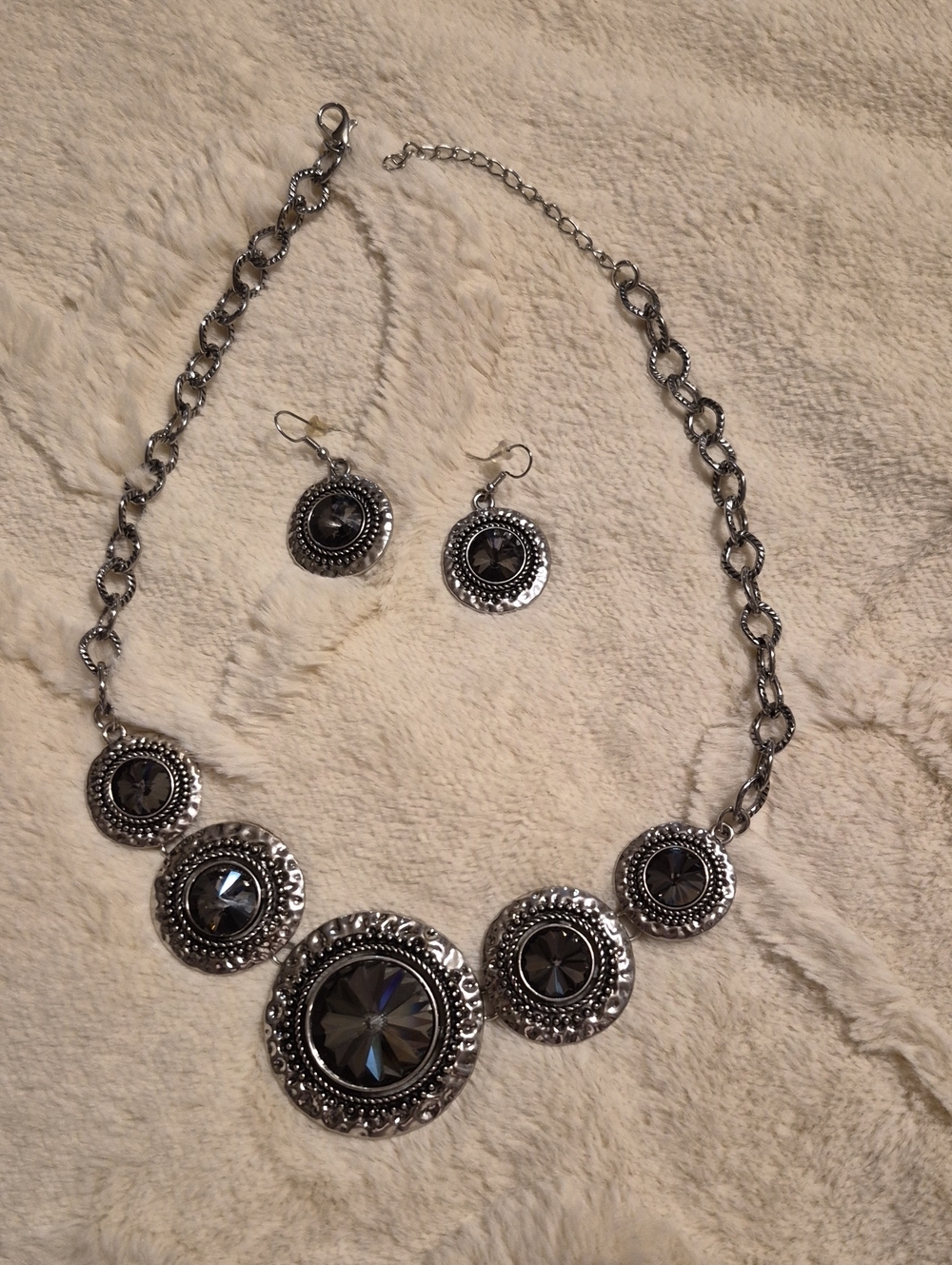 Silver-Tone Black Crystal Medallion Necklace & Earring Set